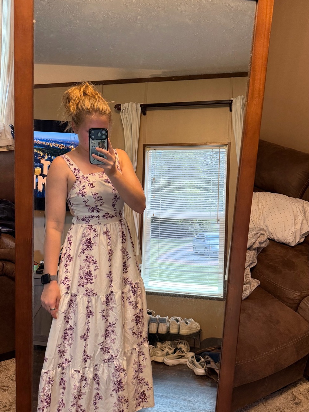 SHEIN Cream Maxi Dress with Purple Floral Print - M